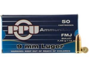 PPU Handgun 9mm Luger 115gr. FMJ Brass 9mm 50Rds