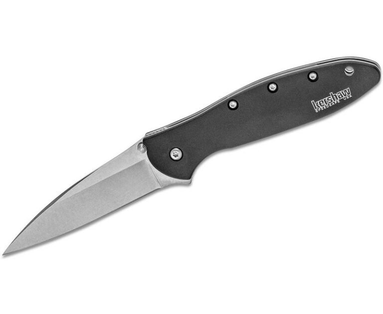 Kershaw Leek Folding Knife – 3″ Stonewash Plain Drop Point Blade with Assisted Flipper